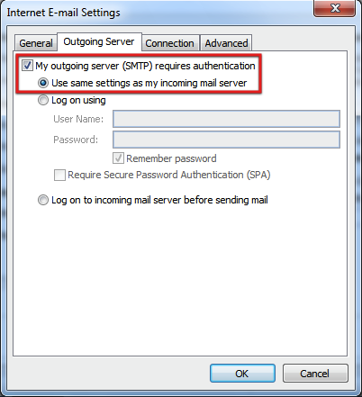 Outgoing Server Authentication Outlook 2010